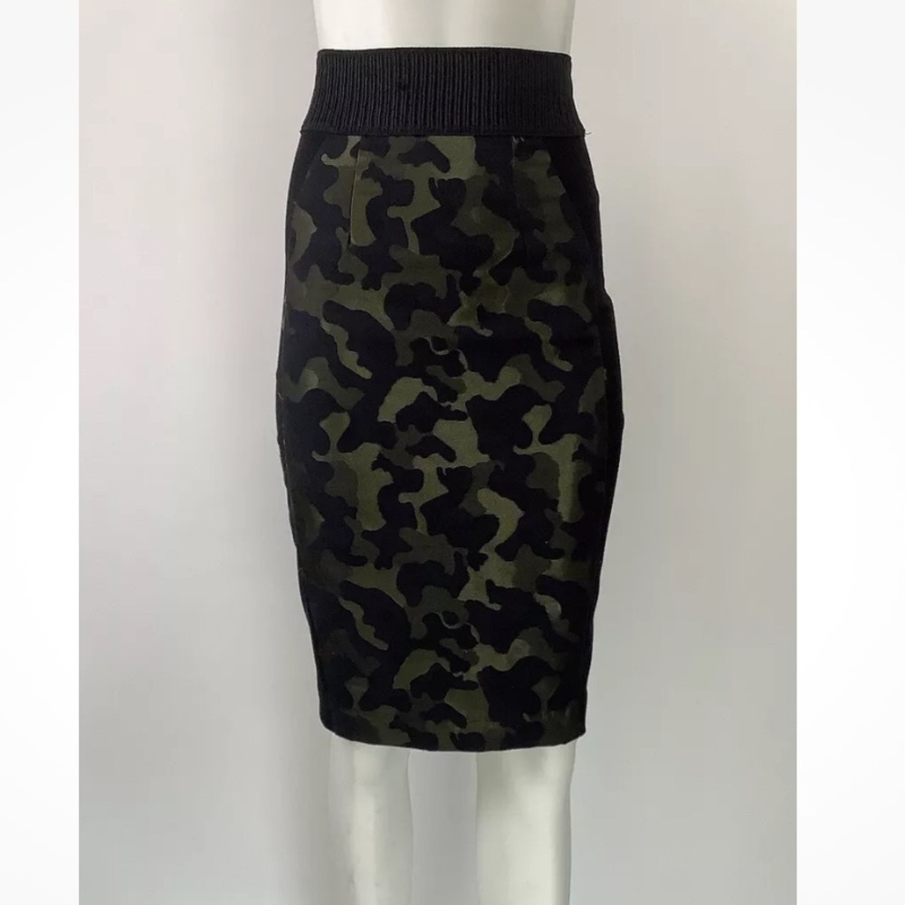 Anthropologie Sz 0 Camo Print Pencil Skirt Green Black Cotton Polyester